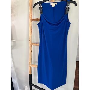 Michael Kors S Petite Royal Blue Cowl Neck Sleeveless Buckle Strap Sheath Dress